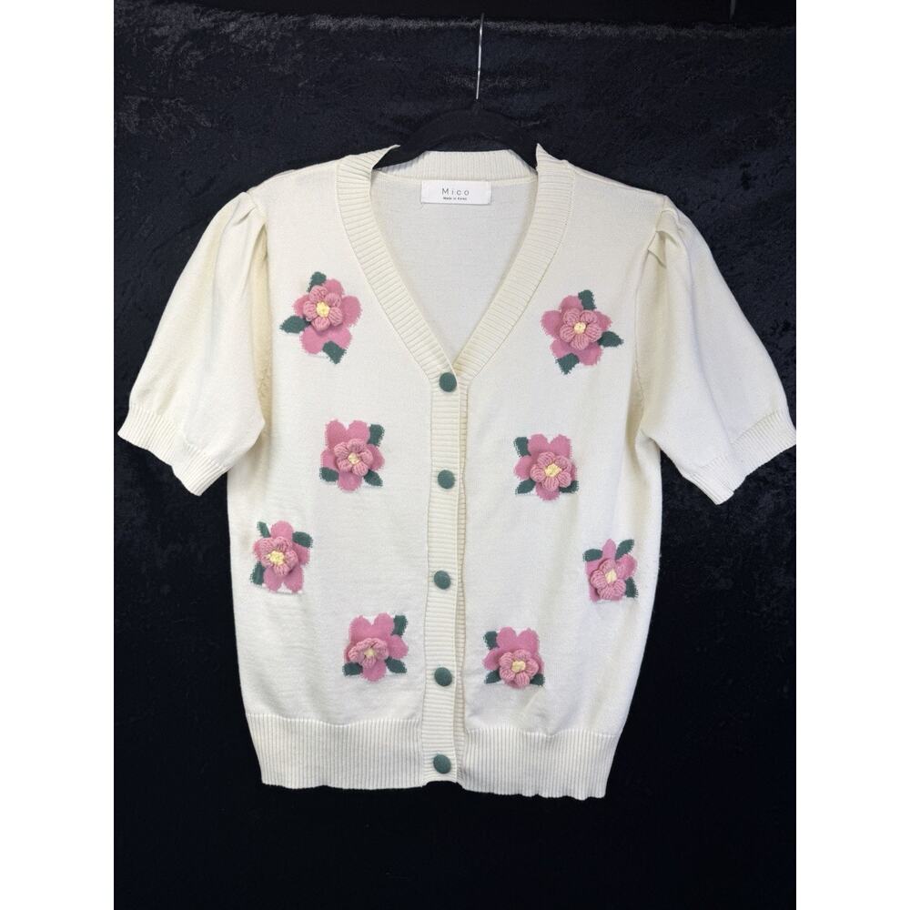 Mico Women’s Ivory Knit Flower Cardigan Sz M/L Cottagecore Coquette Grandmacore